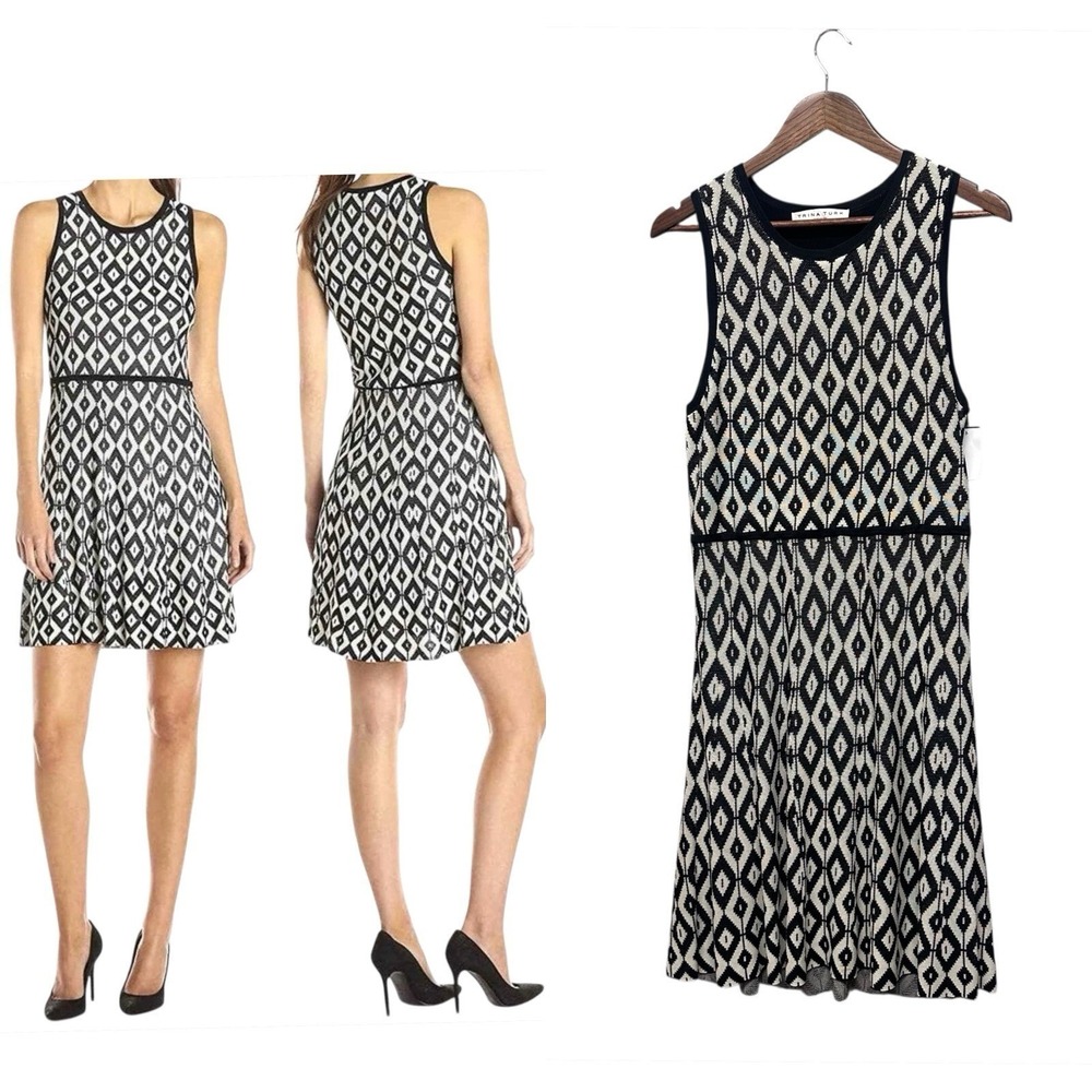 TRINA TURK Black White Diamond Pattern Sleeveless‎ Fit Flare Dress Women
